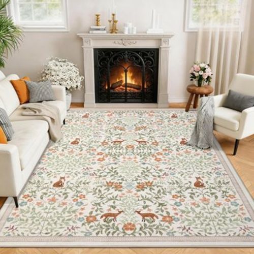 5'x7'Beige Fox Floral Area Rug, Machine Washable Botanical Rugs for Living Room Bedroom, Non-Slip Low Pile Animal Print Rug for Playroom Hallway