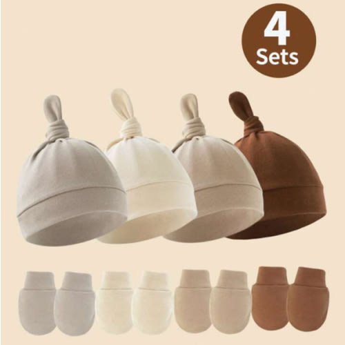4sets Newborn Brown Series Pacifier Hat + Anti-Scratch Mittens Set, Suitable For Baby Daily Use
