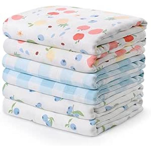 GLLQUEN BABY Receiving Blanket Boy Cotton Muslin Swaddle Blankets Girl Newborn Squares Breathable & Soft Thin Baby Blankets Cloths Double Absorbent Infant Swaddling Wrap - 6 Pack (Azure Berry Dream)