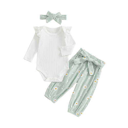 BemeyourBBs Newborn Baby Girl Spring Clothes Short Sleeve Rib Knit Romper Belted Daisy Printed Pants Set Headband 3Pcs Infant Girls Outfits