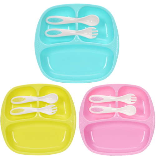 Walbest 3Pcs/set Lovely Baby Infant Separated Food Feeding Plate Dish Spoon Fork Set, Shatter-resistant Plate, Infant Utensil Set for Self-Training, Food Plate for Toddlers