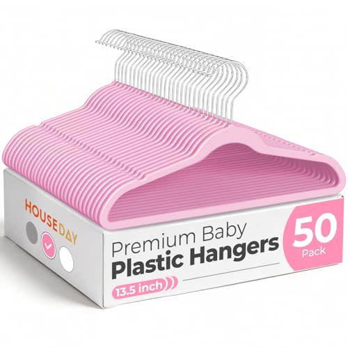 HOUSE DAY 13.5 Inch Kids Hangers 50 Pack - Premium ABS Plastic Clothes Hangers for Kids, Children, Preteens - Space Saving Thin Profile, Strong & Durable Hangers with 360° Swivel Hook - Pink