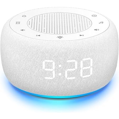 Buffbee Sound Machine & Alarm Clock 2-in-1, 0-100% Clock Face Brightness, Bottom Colored Light, Sleep Timer, Precise 30-Level Volume Control White Noise Machine - White