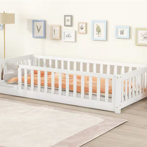White Wood Frame Twin Size Platform Bed with Fence and Door