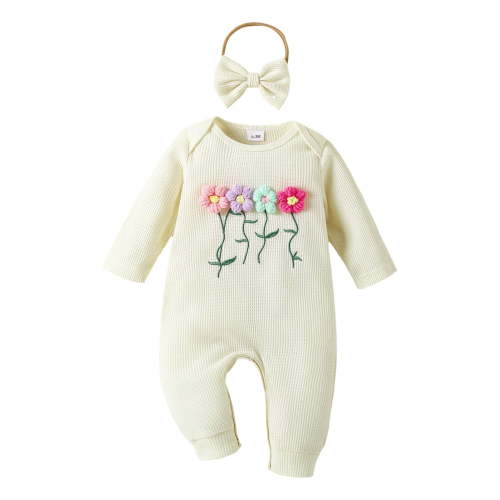 Karoyedx Baby Girl Romper Infant Baby Girl Fall Outfit Sweatshirt Romper Long Sleeve Jumpsuit Newborn Clothes and Headband Beige Size,3-6 Months