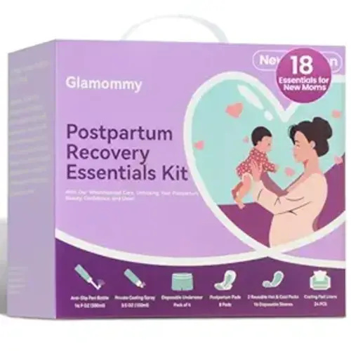 Glamommy Postpartum Recovery Essentials Kit for Women, Labor & Delivery Postpartum Care, Peri Bottle, Cooling Spray, Disposable Postpartum Underwears, Postpartum Pads, Hot&Cold Packs, Soothing Liners