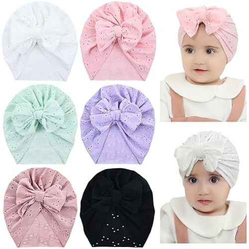 Cinaci 6 Pack Soft Turban Hats with Bow Donut Nursery Hospital Caps Beanies Bonnets for Baby Girls Newborns Infants Toddlers