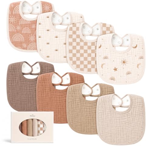Konssy 8-Pack Muslin Baby Bibs, Adjustable Fit for Drooling and Teething | Soft Absorbent, Drool Bibs for Baby Boys Girls, Cotton Front with Fleece Backing, Newborn to Toddler 0-36M
