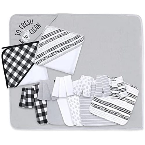 The Peanutshell Hooded Bath Towel and Wash Cloth Set for Baby Boys or Girls - 23 Piece Unisex Set - Black Plaid and Stripe