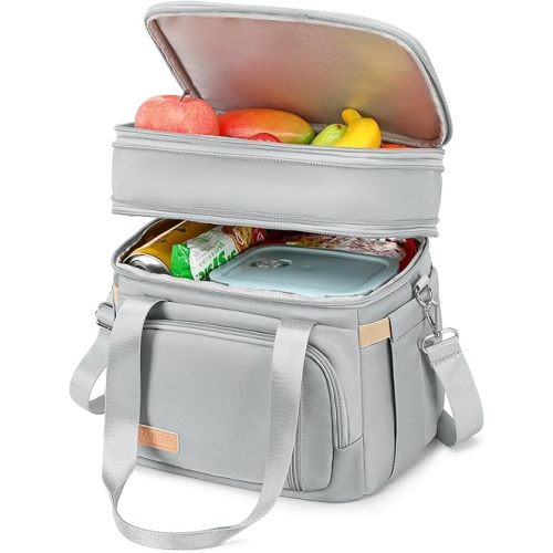 MAPLELILY Lunch Box for Men Women - Double Deck Insulated Lunch Bag, Large Leak Proof Tote Cooler, Wide Open Dual Compartment Lunch Bags with Shoulder Strap, For Work Picnic Hiking Beach, Grey