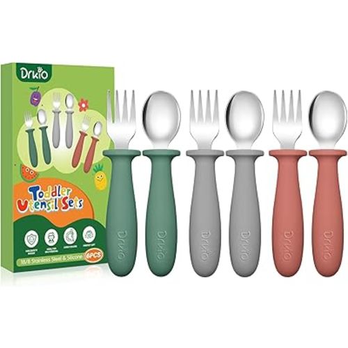 DRKIO 6 Pieces Toddler Utensils Set - Kids Silverware Set with Silicone Handle Children Safe 18/8 Stainless Steel Forks and Spoons Anti-Choke Design Food Grade Dishwasher Safe