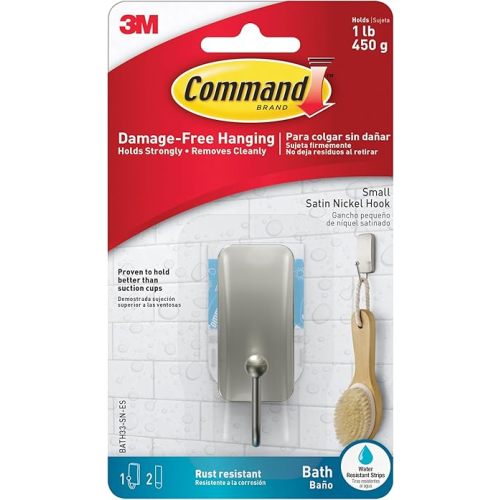 Command Small Bath Hook, Holds up to 1 lb, 1 Satin Nickel Shower Hook with 2 Water Resistant Command Strips, Damage Free Bathroom Organization