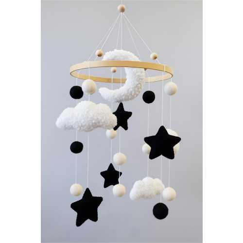 Monochrome star cloud mobile, Black white crib baby mobile, baby shower gift, neutral handmade mobile, contrast mobile, nursery decor mobile