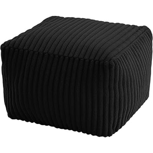 MeMoreCool Square Stuffed Pouf Ottoman Foot Rest, Stripe Furry Floor Pouf Foot Stool with Foam Chunk Filling, Soft Fluffy Stuffed Ottoman Footrest for Living Room, Faux Fur Black