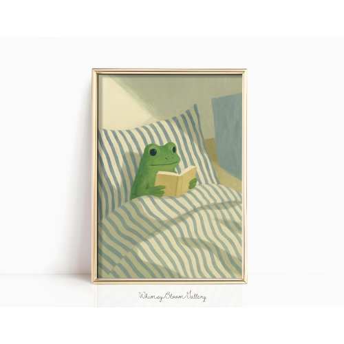 Frog Reading Book in Bed Print - Cosy Bedroom Paint, Bookish Illustration for Bookshelf Decor, Funny Frog Wall Art, Retro Animal Nursery Art