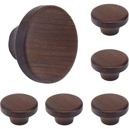6PCS Round Wooden Single Hole Drawer Handles, 1.56" Cabinet Knobs 1 Hole Hardware Handles Decorative Furniture Knobs for Dresser Wardrobes (Walnut)