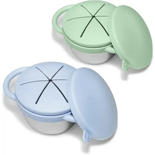 2 Pack Toddler Snack Cups, Baby Stainless Steel Snack Containers for Kids with Spill Proof Food Grade Silicone Lids & Handles 9 OZ No Spill Baby Snack Box for Mess-Free Snacking