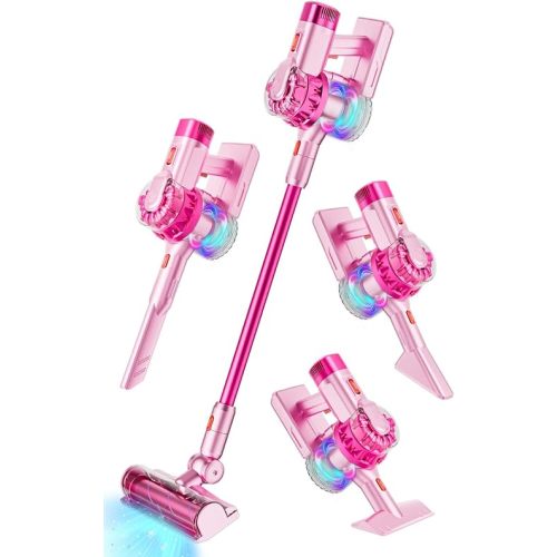 4-in-1 Kids Toy Vacuum That Works with Suction, Electric Toy Toddler Vacuum Cleaner for Children Ages 3 4 5 6+ Boys & Girls,Toddlers Toys Cleaning Set for Pretend Play (Pink)