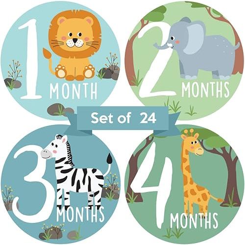 Baby Monthly Milestone Stickers - Set of 24 - Zoo Animal Designs | Gender Neutral Jungle Safari Monthly Milestone Stickers For Boy or Girl - 24 Photo Props - For Baby Showers & Newborn Photos