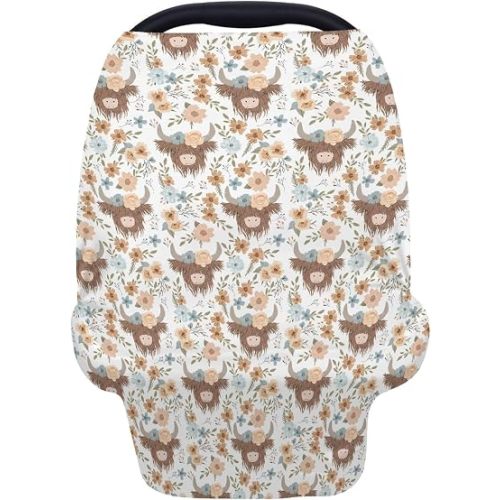5-in-1 Unisex Western Farm Cow Flowers Pattern Baby Carseat Stroller Cover for Boys Girls, Highland Cow Floral Infant Toddler Privacy Nursing Breastfeeding Canopy, Grocery Shopping Cart Cover-24x28