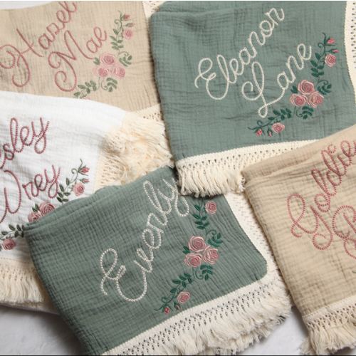 Personalized Embroidered Baby Muslin Swaddle Blanket with Name and Rose Floral Design, Organic Cotton baby swaddle, Custom Boho Baby Gift