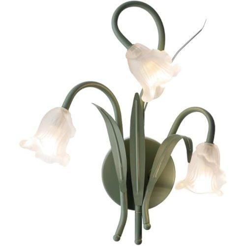 DJAMEL Flower Wall Sconces Green Glass Wall Light 3 Lights Glass Floral Shape with Green Leaf Lamp Body Glass Lampshade for Bedroom Living Room Corridor Study Room