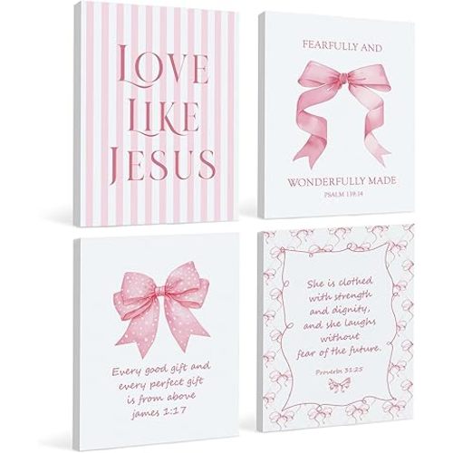 LARTSFRO Coquette Pink Bow Jesus Canvas Wall Art Decor Posters Prints, Light Pink Bow Room Bedroom Bathroom Dorm Wall Art Decor Aesthetic for College Teen Girls Gifts, Inspirational Bible Verses Bow Wall Decor, 11x14 Inch Set of 4 Pcs Bow Pictures (Canvas
