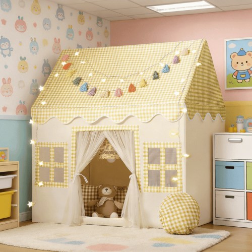Wilwolfer, Kids Play Tent Indoor, Yellow Checkered, Star Lights