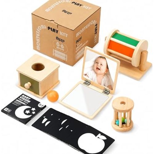 Montessori Toys for Babies 0-6 6-12 Months, Sensory Developmental Baby Toys, Tummy Time Toy - 5 in 1 Wooden Learning Toy Set, High Contrast Cards, Mirror & Spinning Drum for Newborn Infant Gift