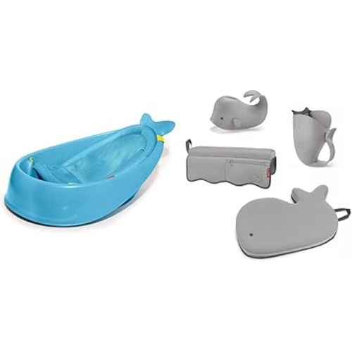 Skip Hop Baby Bath Tub, 3-Stage Smart Sling Tub, Moby, Blue & Moby Baby Bath Essential Set, Grey