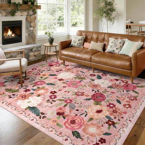 6x9 Washable Area Rug Pink Boho Floral for Living Room Bedroom Nursery | Carpet for Dining Room, Soft Low-Pile Non-Slip Faux Wool, Farmhouse Indoor, Kid & Pet Friendly, Stain, Fade & Wear Resistant