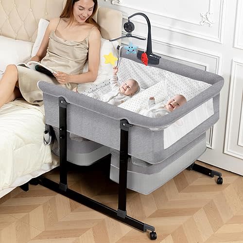 Twin Bassinet with Music Toys & Mosquito Net, Foldable Twin Bassinet for 2 Babies with Storage Basket & Carry Bag, Portable Bedside Sleeper, Grey