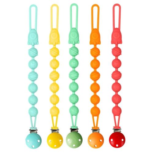Silicone Pacifier Clips Baby, 5 Pack Soft Flexible Binky Pacifier Clip Holder with One Piece Beads Design for Boys and Girls, Birthday Gift Fits All Soother and Toys (Green)