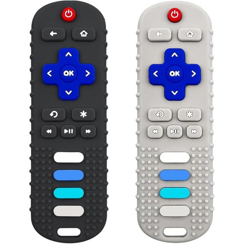 Baby Teething Toys, Food Grade Silicone Teether for Babies 3 6 12 18 Months, TV Remote Shape Toddlers Chew Toys, Freezer BPA Free (Black+Beige)