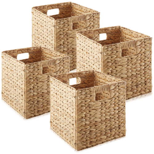 Casafield 13" x 13" Water Hyacinth Storage Baskets, Natural - Set of 4 Collapsible Cube Organizers, Woven Bins for Bathroom, Bedroom, Laundry, Pantry, Shelves