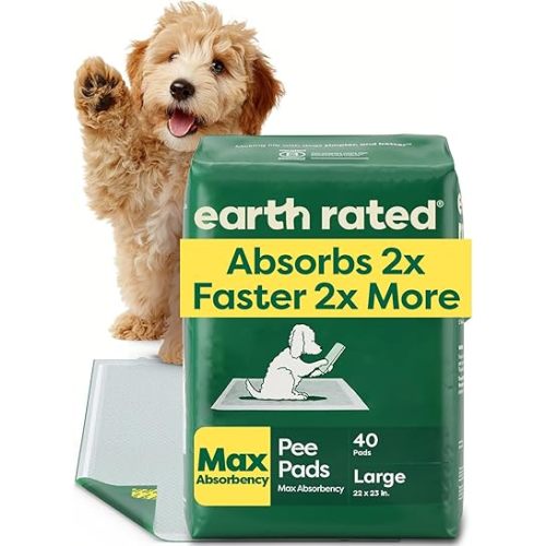 Earth Rated Puppy Pads, Max Absorbency Pee Pads for Dogs, Absorbs 2X Faster & 2X More, Leak Prevention, Potty Training, Fragrance-Free, Unscented, Regular [L], 22” x 23”, 40 Count
