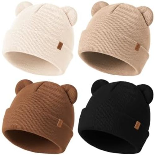 Konssy 4 Pack Baby Beanie with Bear Ear Warm Winter Hat for Newborn Infant