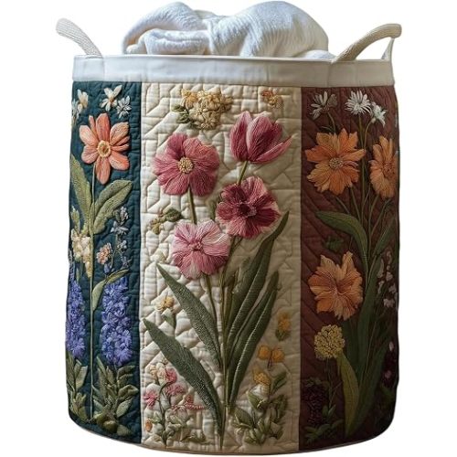 Quilted Laundry Basket with Handles, Boho Floral Fabric Storage Hamper, Large Soft Clothes Hampers for Laundry, Nursery & Bedroom, Decorative Woven Storage Basket for Toys, 3 Sizes