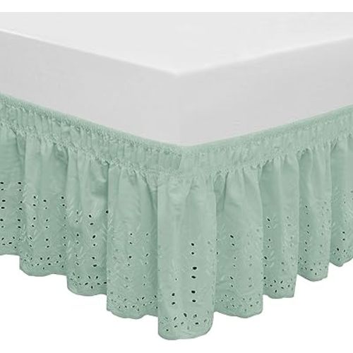 Wrap Around Elastic Eyelet Bed Skirts 14 1/2 Inches Drop Dust Ruffle Three Fabric Sides Easy On/Easy Off Adjustable Polyester Cotton 14 1/2 Inches Drop(Light Green Queen/King)