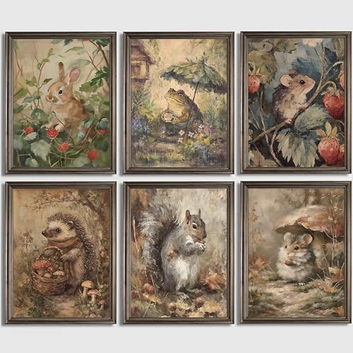 6 Pcs Woodland Animal Nursery Canvas Wall Art Vintage Forest Animal Nursery Paintings Posters Rustic Cottagecore Bunny Pictures for Gallery Kids Room Girls Boys Home Decoration (8x10inch Unframed)