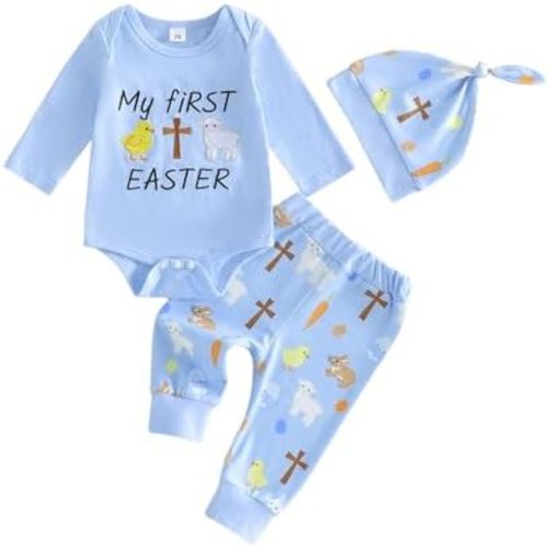 Twopumpkin Easter Baby Boy Outfit Newborn Long Sleeve Bunny Lamb Onesie Romper+Pants+Hat Infant Toddler Clothes Set