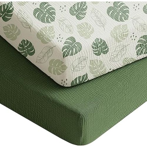 Konssy Muslin Crib Sheets for Boys, Soft Cotton Neutral Baby Sheets for Standard Crib Mattress 2 Pack, 52"x28" (Sage Green,Leaf)