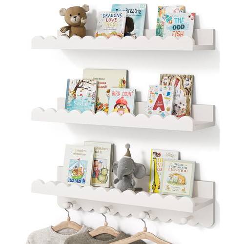 Dazzed Corner - Scalloped Nursery Wall Shelves with Coat Hooks, Floating Bookshelves Set of 3 - White