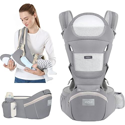 6-in-1 Safety Certified Ergonomic Quality Baby Carrier with Hip Seat: Kangaroo Bag Design for Newborns to Toddlers. Head Supporting Front and Back Support for Parents (Grey)