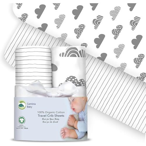100% Organic Cotton Fitted Travel Crib Sheets, Perfectly Compatible with Guava Lotus, BabyBjorn, Dream On Me and All mattresses 22-26" Wide by 40-44" Long. Strap Holes in Corners. 2 Pk