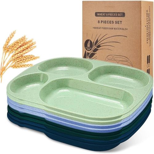 Vesici 8 Pcs 9'' Unbreakable Divided Plates Food Separator Dinner Plates Reusable Compartment Lunch Trays Dishwasher Microwave Safe(Light Green, Light Blue, Dark Green, Navy Blue)