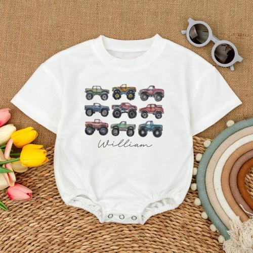 Monster Trucks In A Row Baby Romper, Custom name baby clothes, Giant Vehicles Baby Bodysuit, Baby shower Gift, Baby boy clothes