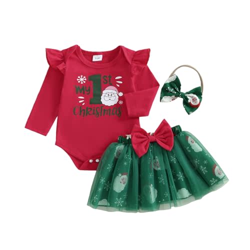 Baby Girl Christmas Outfit Newborn Infant First Christmas Dress Tutu Skirt | My First Christmas Baby Girl Outfit,Christmas Baby Dress Tree Romper Tulle Skirt with Headband Set