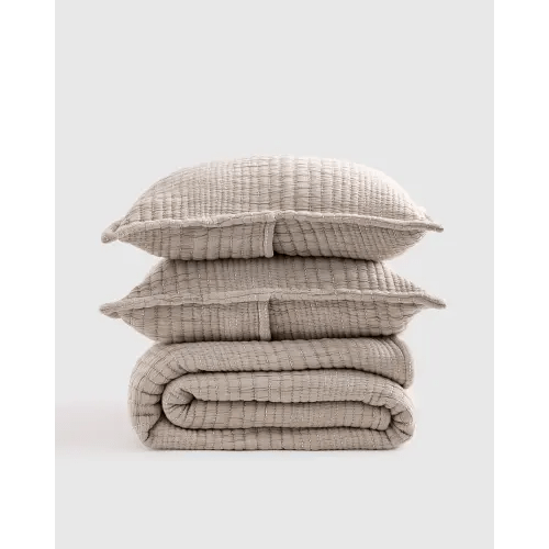 Organic Cotton Channel Stitch Coverlet Set in Taupe, Size King/Cal King