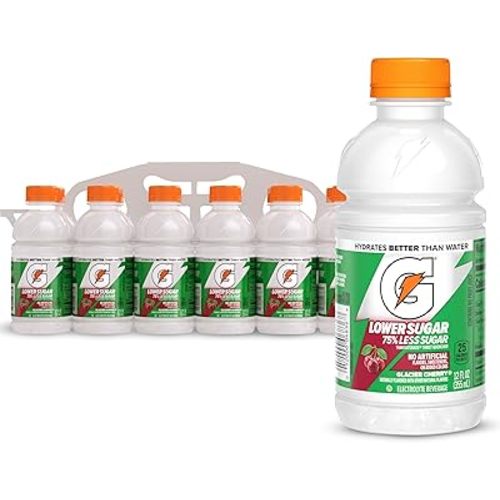 Gatorade Lower Sugar Electrolyte Sports Drink, Glacier Cherry, 12 fl oz Bottles, (12 Pack), 75% Less Sugar, No Artificial Flavors, No Artificial Sweeteners, No Artificial Colors, Hydration